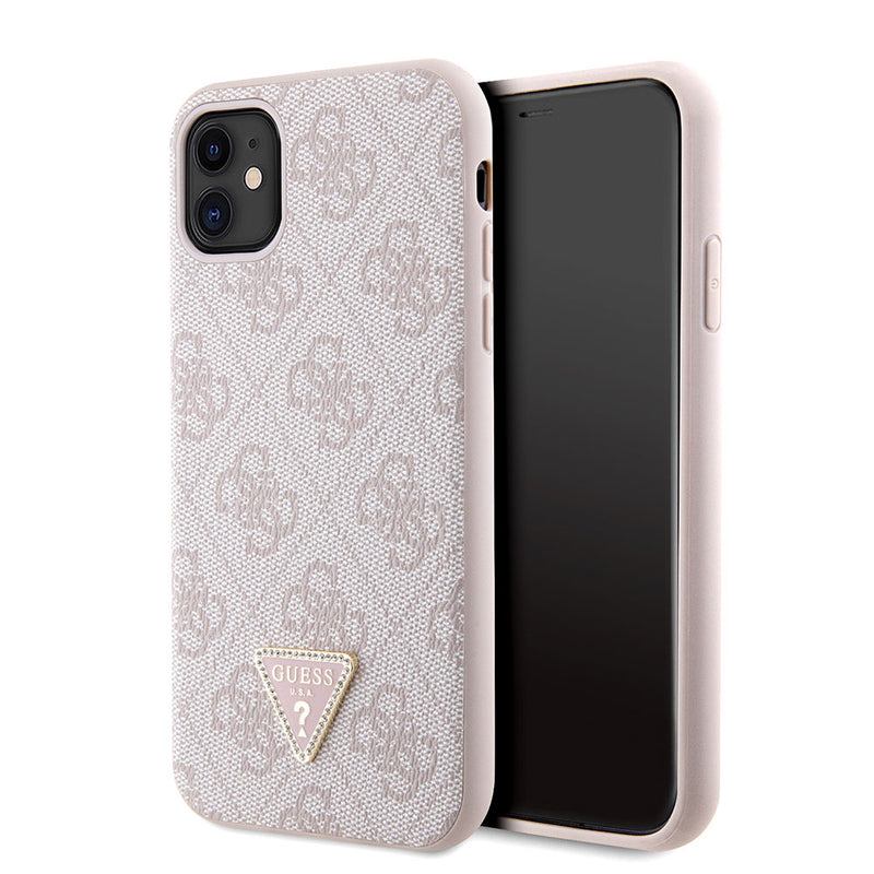 Apple iPhone 11 Kılıf Guess PU Deri Taşlı Üçgen Logolu 4G Desenli Kapak Pembe