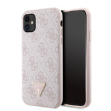 Apple iPhone 11 Kılıf Guess PU Deri Taşlı Üçgen Logolu 4G Desenli Kapak Pembe