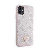 Apple iPhone 11 Kılıf Guess PU Deri Taşlı Üçgen Logolu 4G Desenli Kapak Pembe