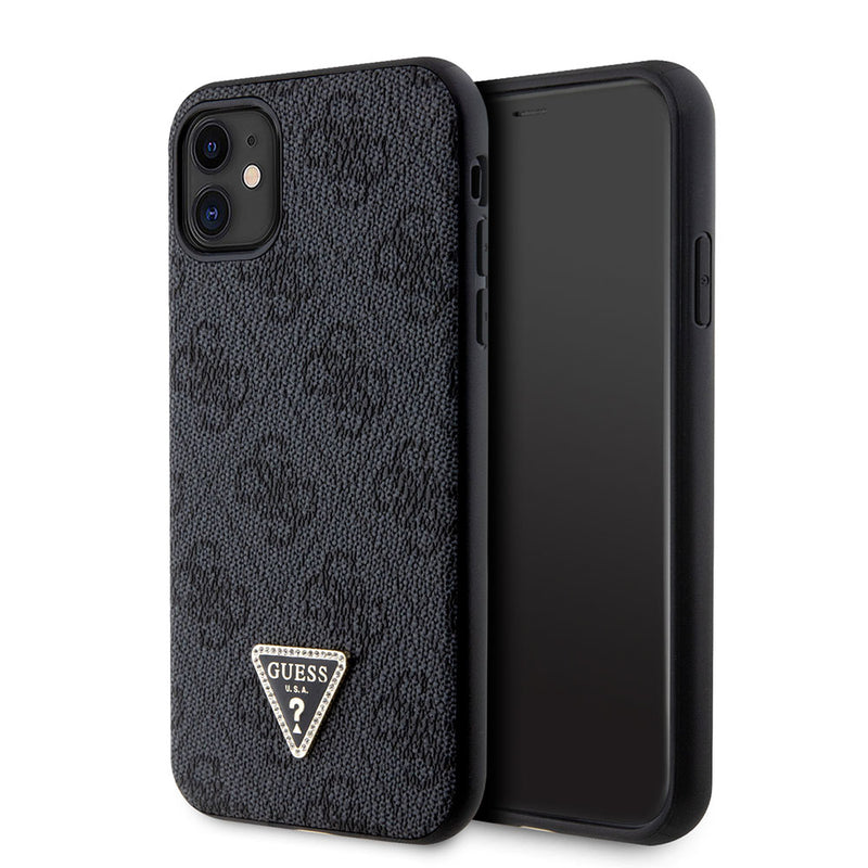 Apple iPhone 11 Kılıf Guess PU Deri Taşlı Üçgen Logolu 4G Desenli Kapak Siyah