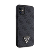 Apple iPhone 11 Kılıf Guess PU Deri Taşlı Üçgen Logolu 4G Desenli Kapak Siyah
