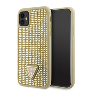 Apple iPhone 11 Kılıf Guess Taş İşlemeli Üçgen Logolu Kapak Gold