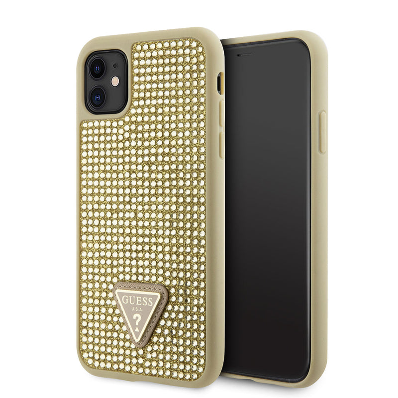 Apple iPhone 11 Kılıf Guess Taş İşlemeli Üçgen Logolu Kapak Gold