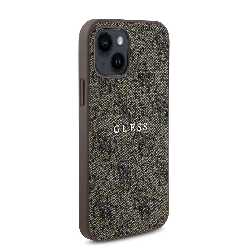 Apple iPhone 12 Kılıf Guess Magsafe Uyumlu 4G Desen Yazı Logolu Kapak Kahverengi