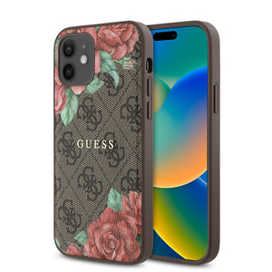 Apple iPhone 12 Kılıf Guess Magsafe Uyumlu Gül Baskılı ve 4G Desenli Kapak Kahverengi