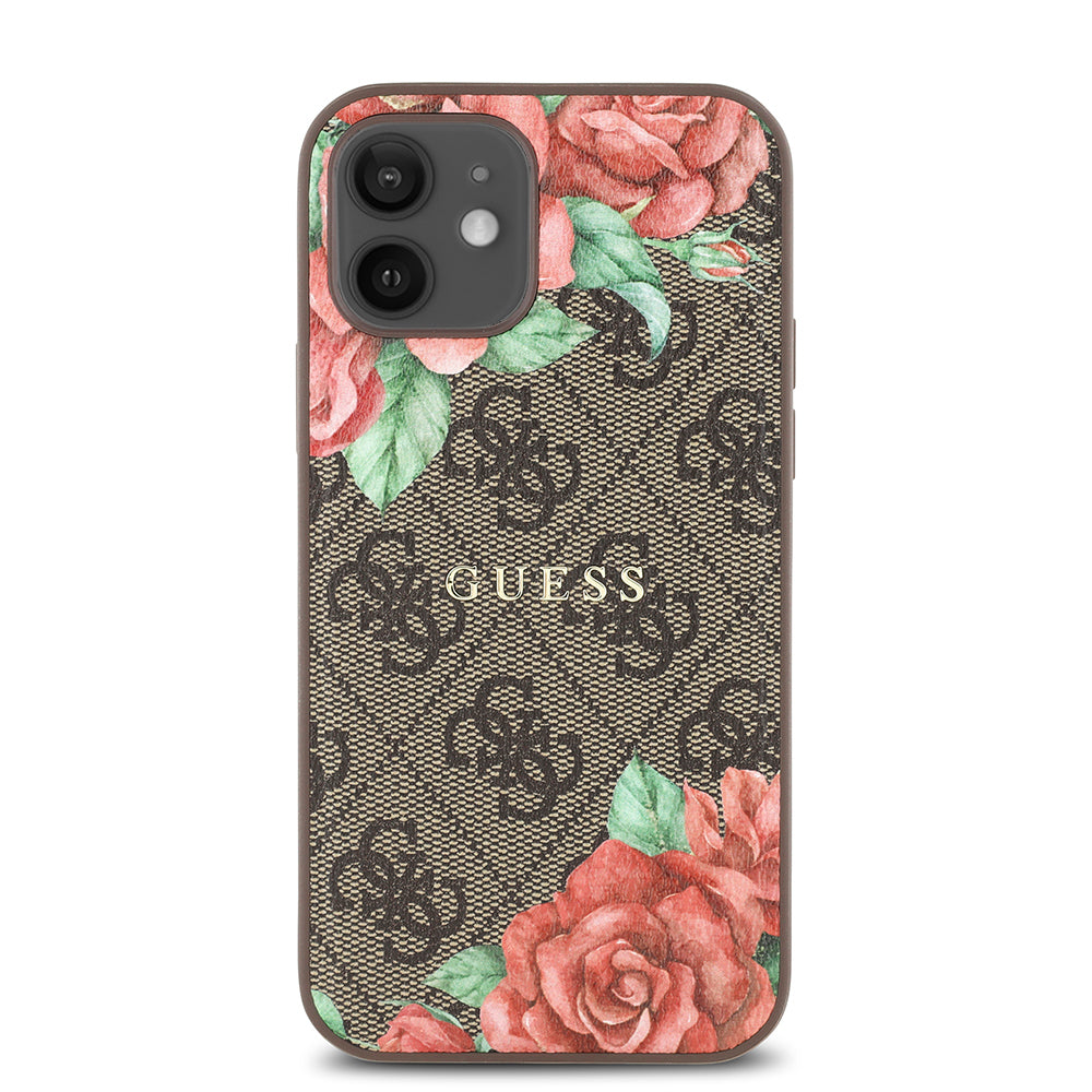Apple iPhone 12 Kılıf Guess Magsafe Uyumlu Gül Baskılı ve 4G Desenli Kapak Kahverengi