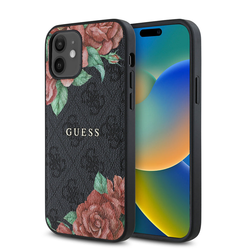 Apple iPhone 12 Kılıf Guess Magsafe Uyumlu Gül Baskılı ve 4G Desenli Kapak Siyah