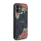Apple iPhone 12 Kılıf Guess Magsafe Uyumlu Gül Baskılı ve 4G Desenli Kapak Siyah