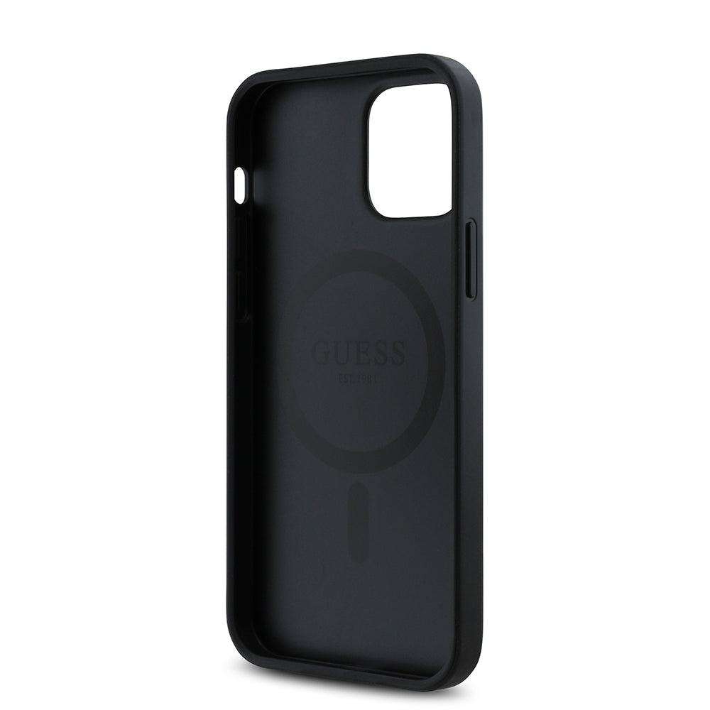 Apple iPhone 12 Kılıf Guess Magsafe Uyumlu Gül Baskılı ve 4G Desenli Kapak Siyah