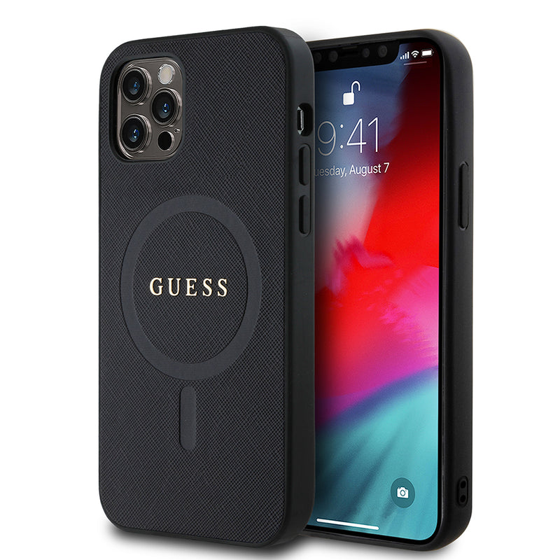 Apple iPhone 12 Pro Kılıf Guess Magsafe Şarj Özellikli Saffiano Classic Kapak Siyah