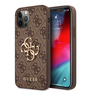 Apple iPhone 12 Pro Max Kılıf Guess Büyük Metal Logolu Deri Kapak Kahverengi