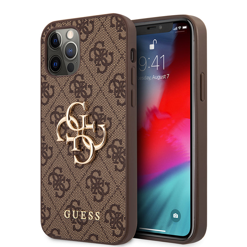Apple iPhone 12 Pro Max Kılıf Guess Büyük Metal Logolu Deri Kapak Kahverengi