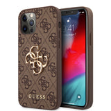 Apple iPhone 12 Pro Max Kılıf Guess Büyük Metal Logolu Deri Kapak Kahverengi