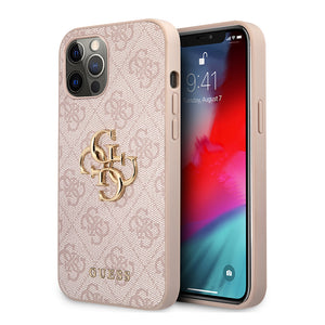 Apple iPhone 12 Pro Max Kılıf Guess Büyük Metal Logolu Deri Kapak Pembe