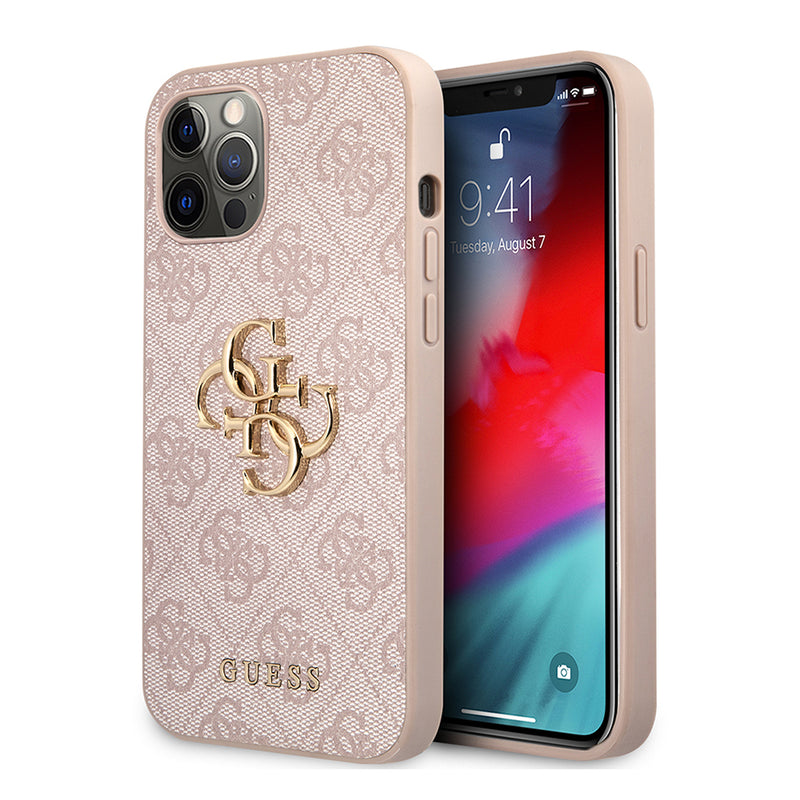 Apple iPhone 12 Pro Max Kılıf Guess Büyük Metal Logolu Deri Kapak Pembe