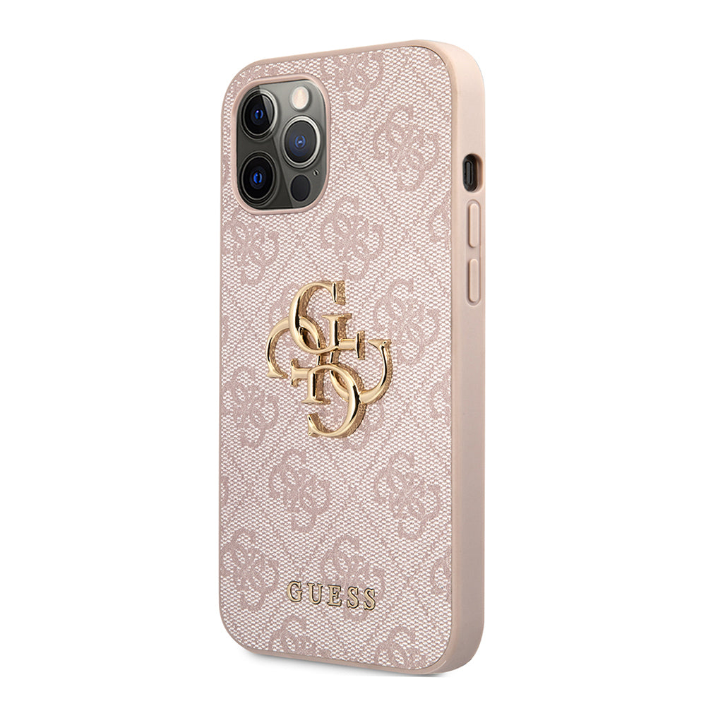 Apple iPhone 12 Pro Max Kılıf Guess Büyük Metal Logolu Deri Kapak Pembe