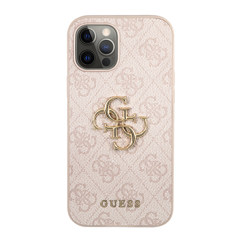 Apple iPhone 12 Pro Max Kılıf Guess Büyük Metal Logolu Deri Kapak Pembe