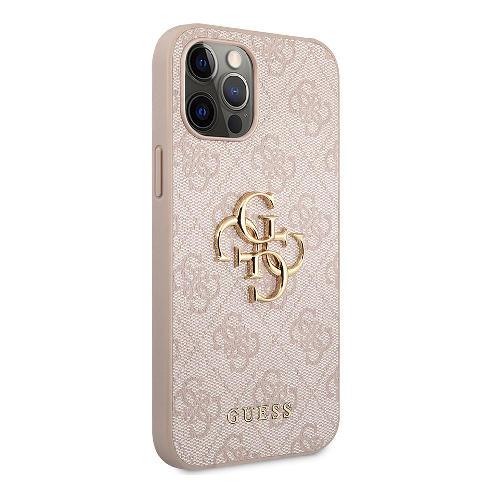 Apple iPhone 12 Pro Max Kılıf Guess Büyük Metal Logolu Deri Kapak Pembe