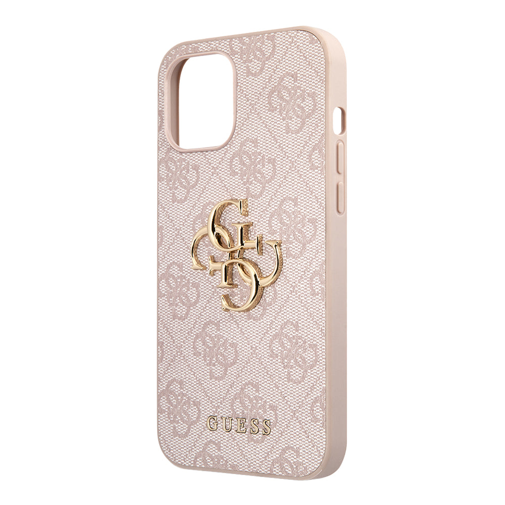 Apple iPhone 12 Pro Max Kılıf Guess Büyük Metal Logolu Deri Kapak Pembe