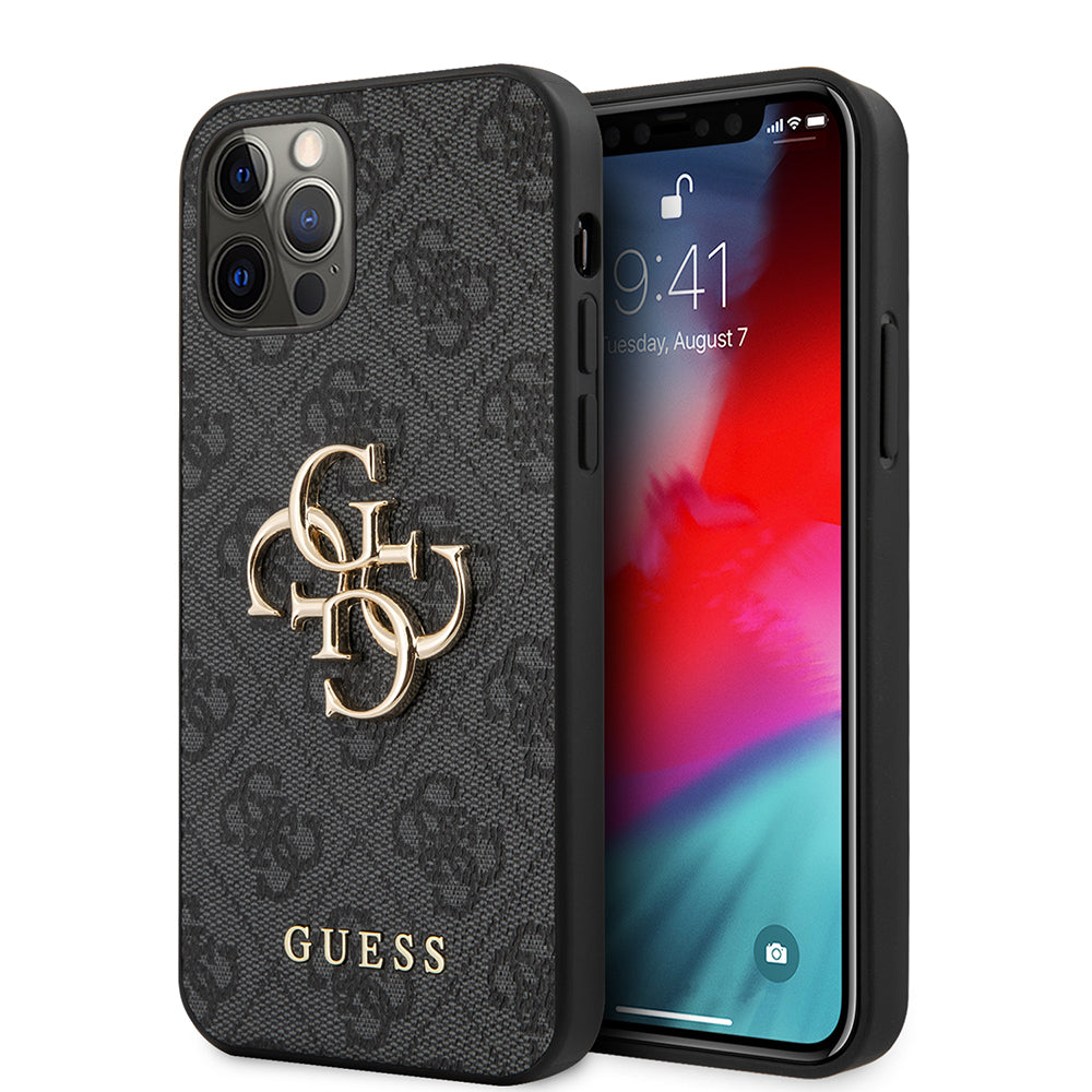 Apple iPhone 12 Pro Max Kılıf Guess Büyük Metal Logolu Deri Kapak Siyah