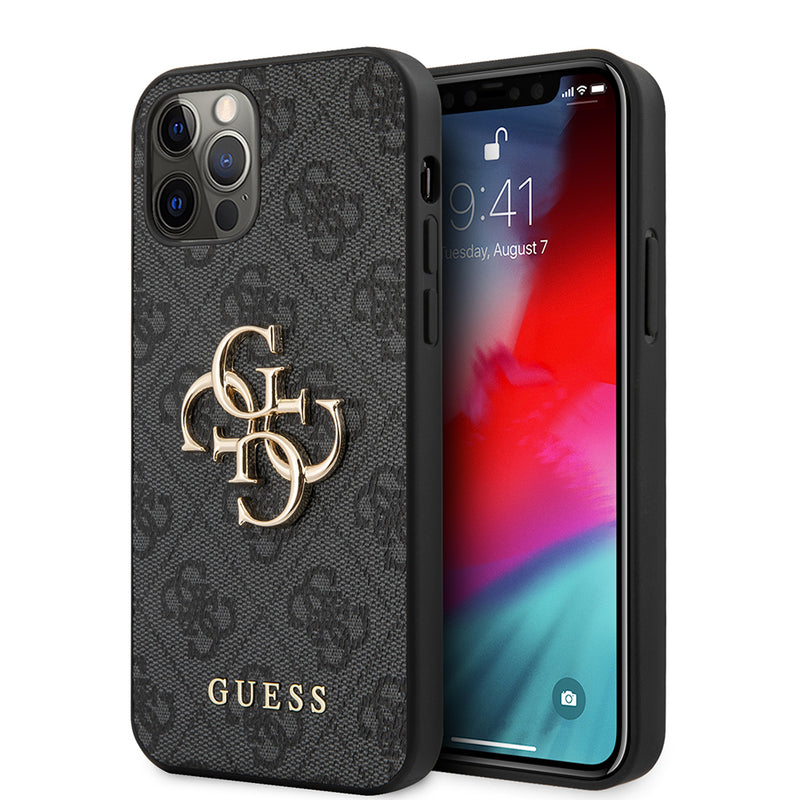 Apple iPhone 12 Pro Max Kılıf Guess Büyük Metal Logolu Deri Kapak Siyah