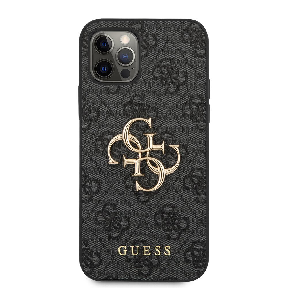 Apple iPhone 12 Pro Max Kılıf Guess Büyük Metal Logolu Deri Kapak Siyah