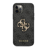 Apple iPhone 12 Pro Max Kılıf Guess Büyük Metal Logolu Deri Kapak Siyah