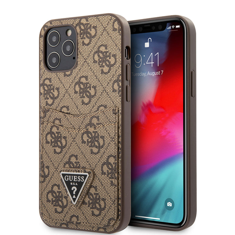 Apple iPhone 12 Pro Max Kılıf Guess Çift Kart Bölmeli Kartlıklı Kapak Kahverengi