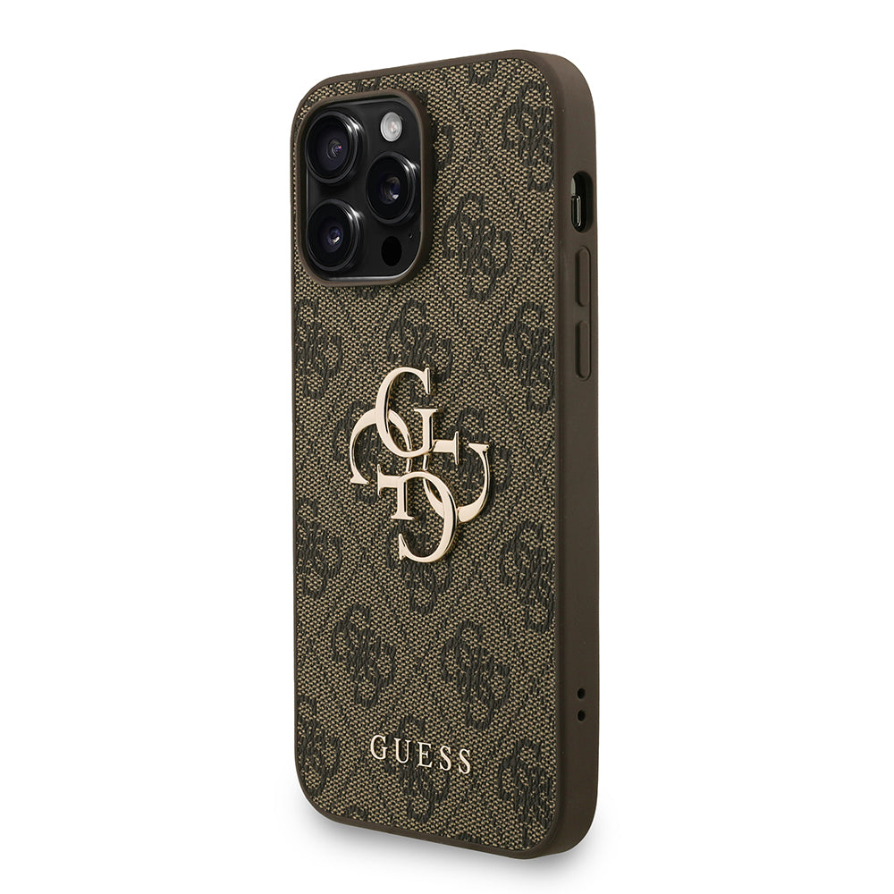 Apple iPhone 13 Pro Max Kılıf Guess Bilek Askı İpli Kapak Metal Büyük 4G ve Yazı Logolu Kahverengi