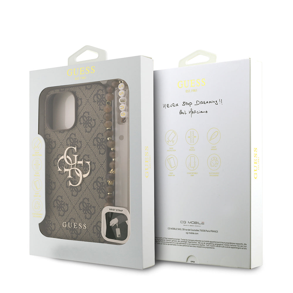 Apple iPhone 13 Pro Max Kılıf Guess Bilek Askı İpli Kapak Metal Büyük 4G ve Yazı Logolu Kahverengi