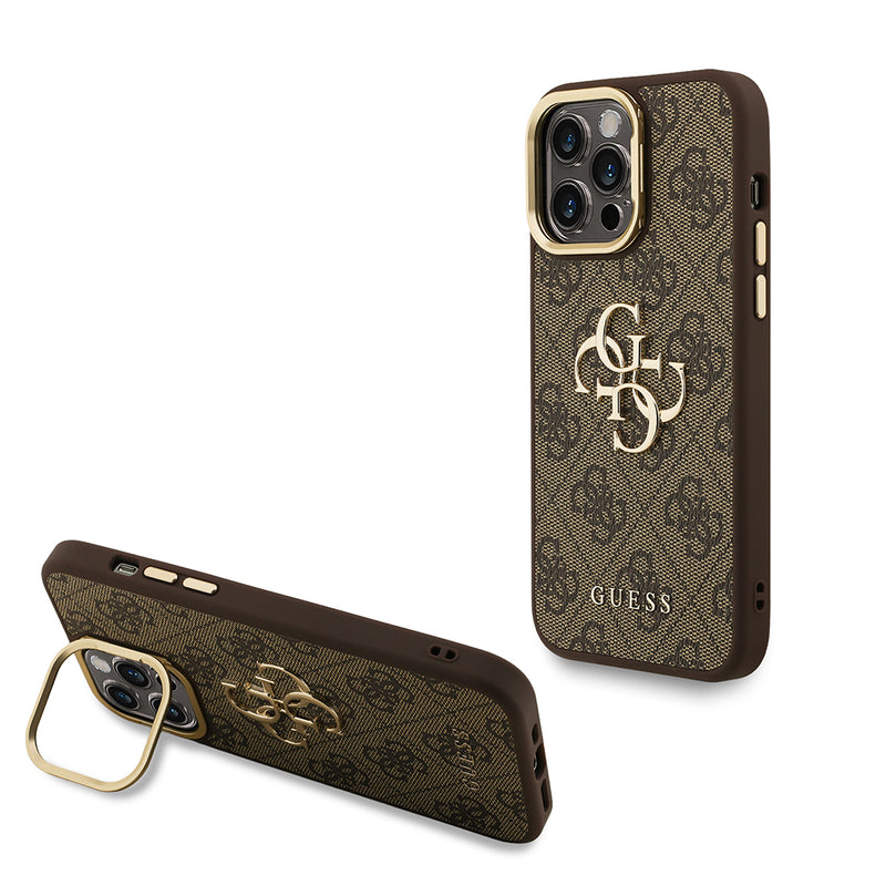Apple iPhone 13 Pro Max Kılıf Guess Kamera Standlı Kapak 4G Desenli Metal 4G Logolu Kahverengi