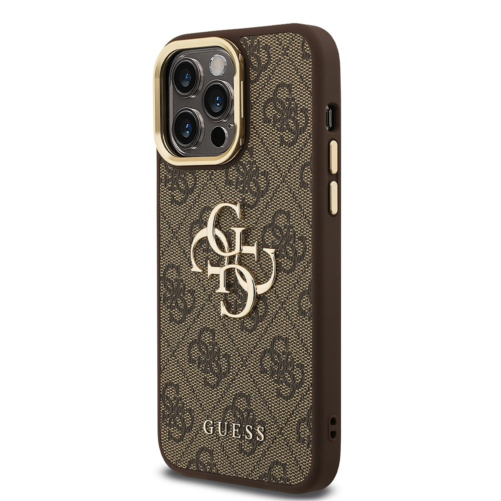 Apple iPhone 13 Pro Max Kılıf Guess Kamera Standlı Kapak 4G Desenli Metal 4G Logolu Kahverengi
