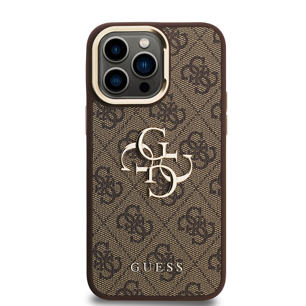 Apple iPhone 13 Pro Max Kılıf Guess Kamera Standlı Kapak 4G Desenli Metal 4G Logolu Kahverengi