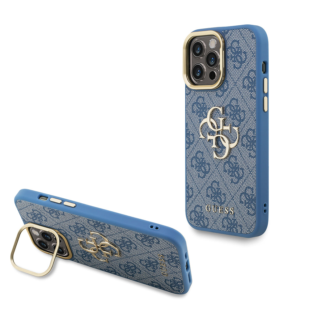 Apple iPhone 13 Pro Max Kılıf Guess Kamera Standlı Kapak 4G Desenli Metal 4G Logolu Mavi