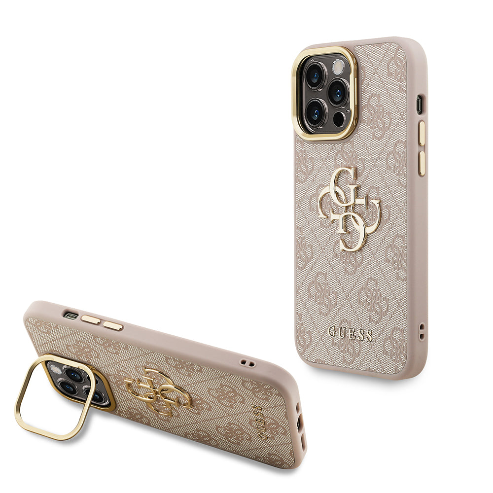 Apple iPhone 13 Pro Max Kılıf Guess Kamera Standlı Kapak 4G Desenli Metal 4G Logolu Pembe