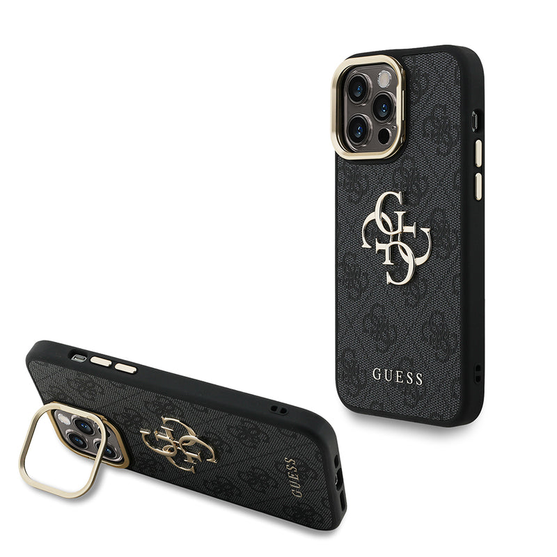 Apple iPhone 13 Pro Max Kılıf Guess Kamera Standlı Kapak 4G Desenli Metal 4G Logolu Siyah
