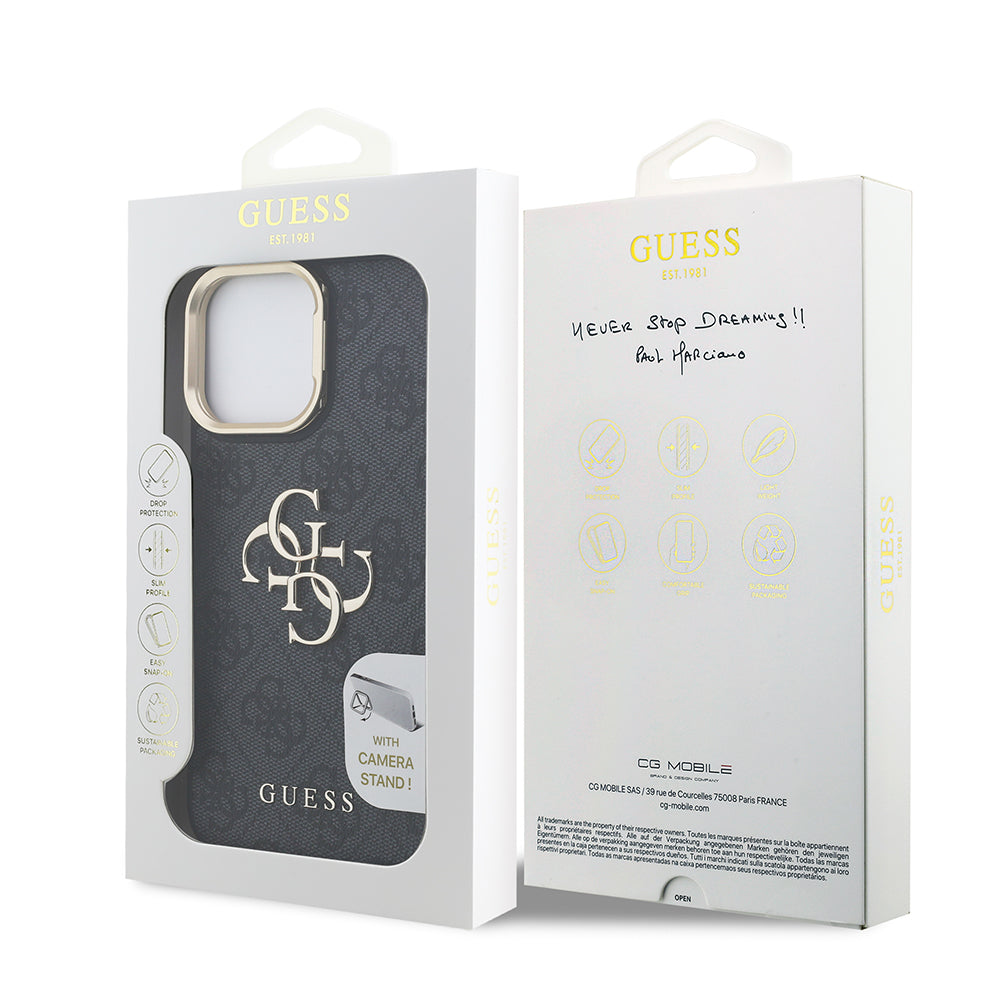 Apple iPhone 13 Pro Max Kılıf Guess Kamera Standlı Kapak 4G Desenli Metal 4G Logolu Siyah