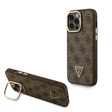 Apple iPhone 13 Pro Max Kılıf Guess Kamera Standlı M-Safe Özellikli Kapak Üçgen Logo 4G Desenli Kahverengi