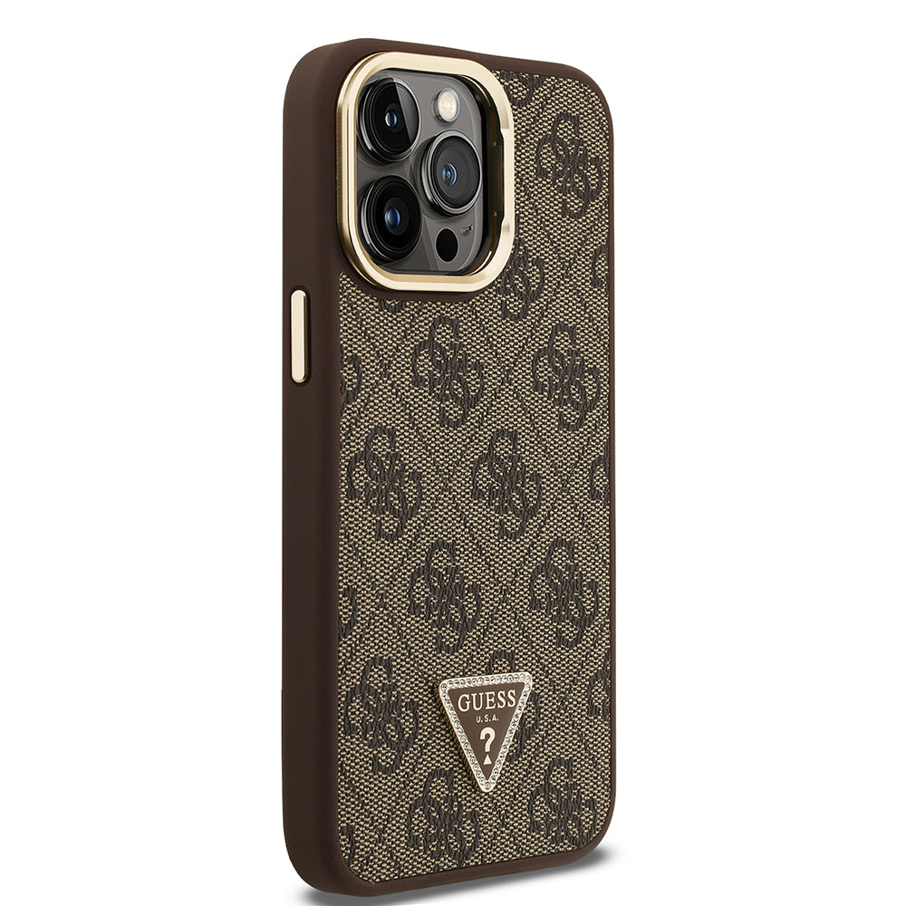 Apple iPhone 13 Pro Max Kılıf Guess Kamera Standlı M-Safe Özellikli Kapak Üçgen Logo 4G Desenli Kahverengi