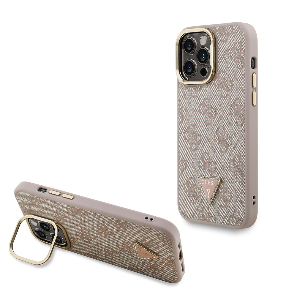 Apple iPhone 13 Pro Max Kılıf Guess Kamera Standlı M-Safe Özellikli Kapak Üçgen Logo 4G Desenli Pembe