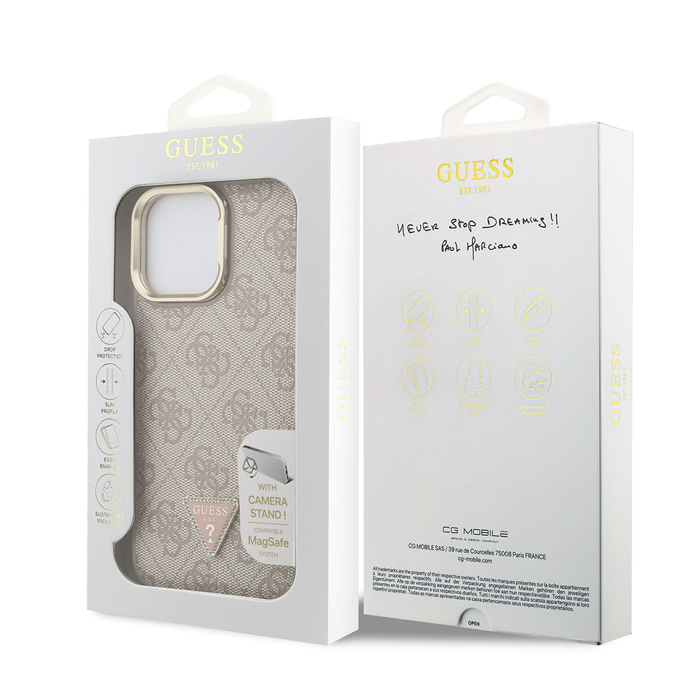 Apple iPhone 13 Pro Max Kılıf Guess Kamera Standlı M-Safe Özellikli Kapak Üçgen Logo 4G Desenli Pembe