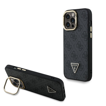 Apple iPhone 13 Pro Max Kılıf Guess Kamera Standlı M-Safe Özellikli Kapak Üçgen Logo 4G Desenli Siyah