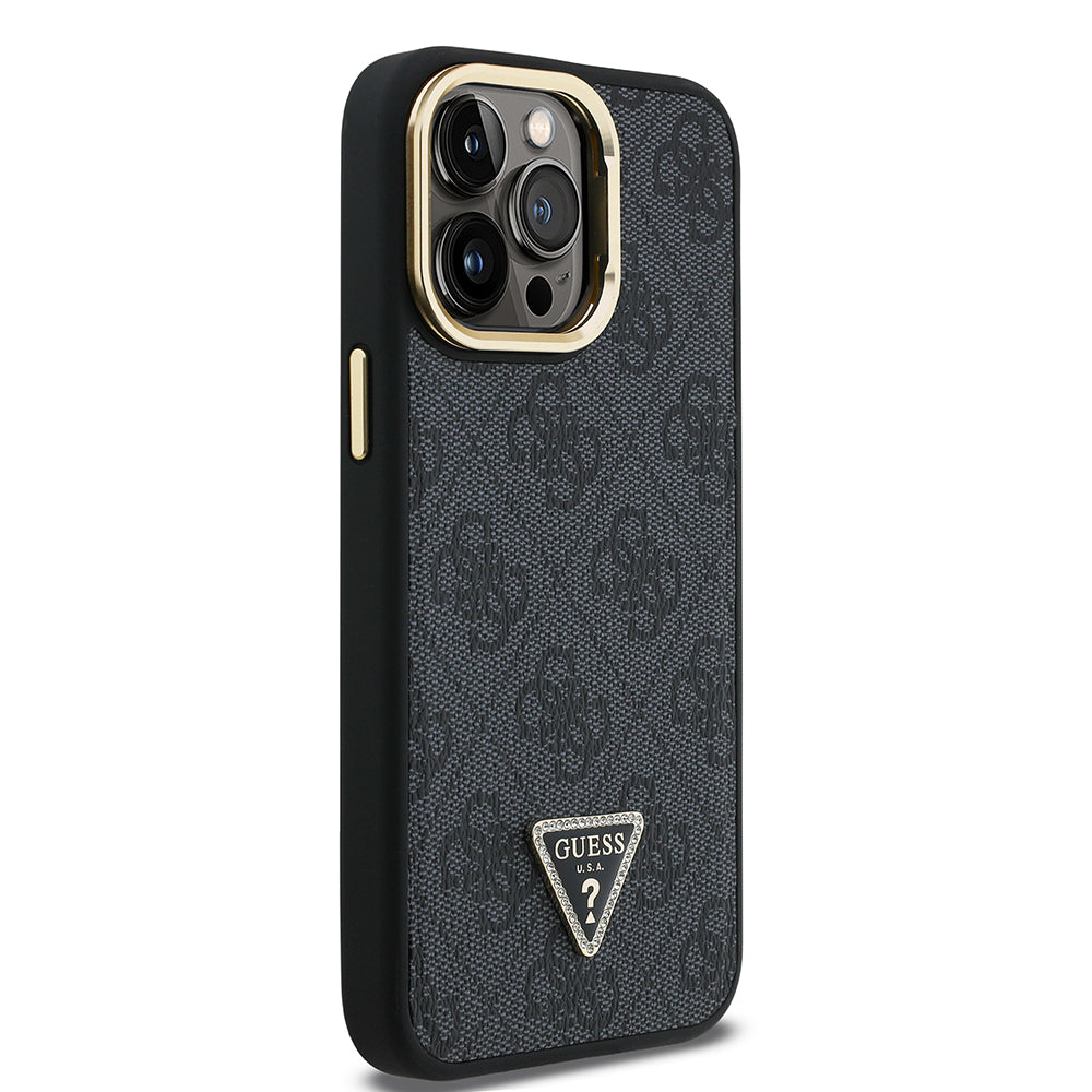 Apple iPhone 13 Pro Max Kılıf Guess Kamera Standlı M-Safe Özellikli Kapak Üçgen Logo 4G Desenli Siyah