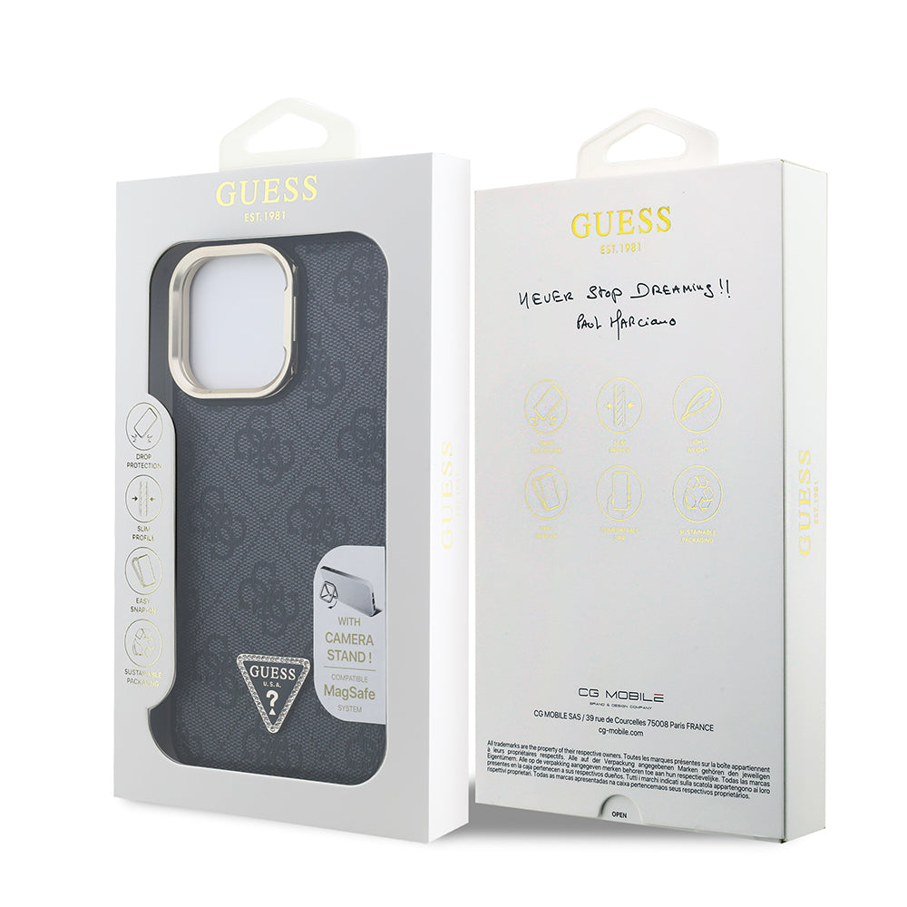 Apple iPhone 13 Pro Max Kılıf Guess Kamera Standlı M-Safe Özellikli Kapak Üçgen Logo 4G Desenli Siyah