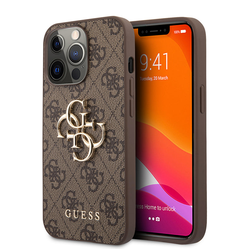 Apple iPhone 13 Pro Kılıf Guess 4G Desenli 4G Metal Logolu PU Deri Kapak Kahverengi