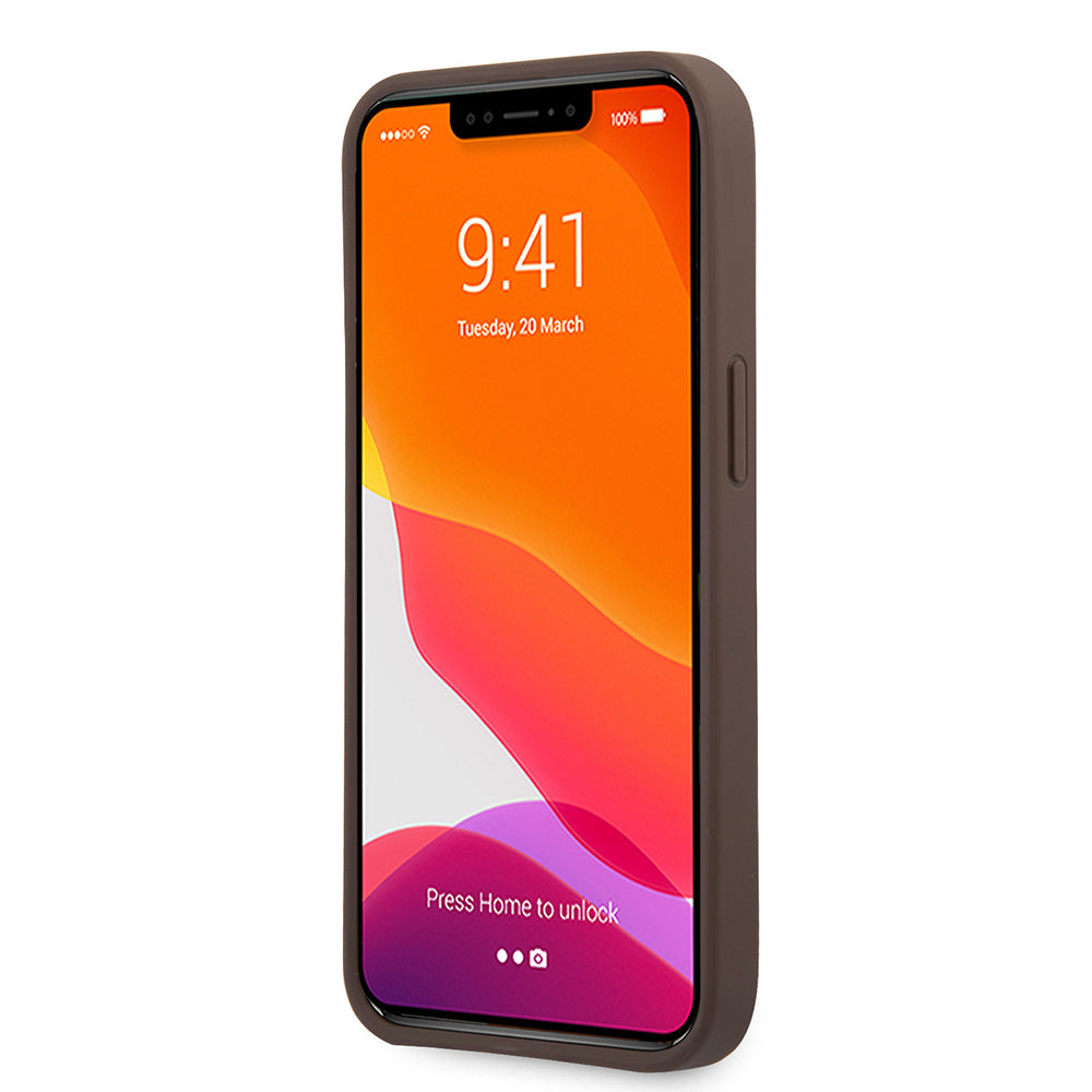 Apple iPhone 13 Pro Kılıf Guess 4G Desenli 4G Metal Logolu PU Deri Kapak Kahverengi
