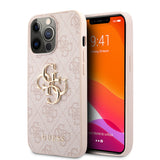 Apple iPhone 13 Pro Kılıf Guess 4G Desenli 4G Metal Logolu PU Deri Kapak Pembe