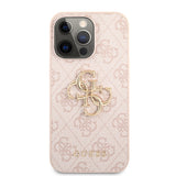 Apple iPhone 13 Pro Kılıf Guess 4G Desenli 4G Metal Logolu PU Deri Kapak Pembe