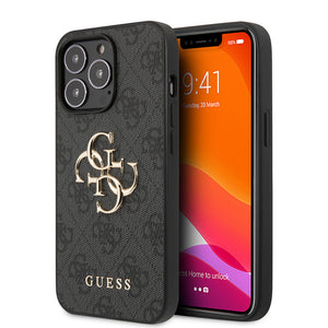 Apple iPhone 13 Pro Kılıf Guess 4G Desenli 4G Metal Logolu PU Deri Kapak Siyah