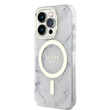 Apple iPhone 13 Pro Max Kılıf Guess Magsafe Şarj Özellikli Mermer Desenli Kapak Beyaz